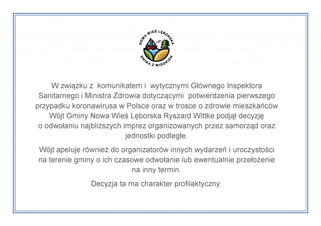 Grafika: Wójt Gminy odwołuje wydarzenia i uroczystości organizowane na terenie gminy
