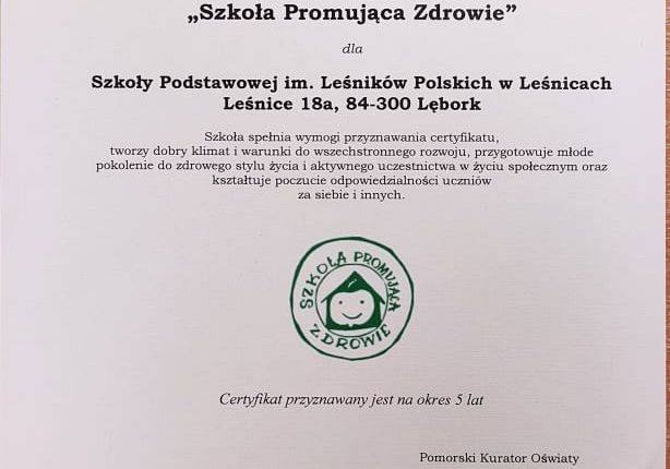 Wojewódzki Certyfikat SZKOŁY PROMUJĄCEJ ZDROWIE