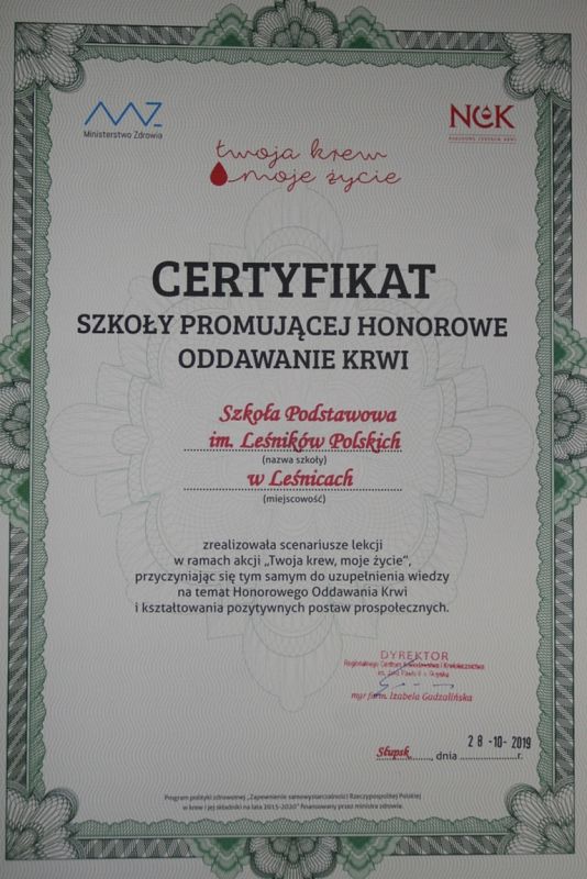 Grafika #0: Szkoła Podstawowa w Leśnicach - szkołą promującą honorowe oddawanie krwi i uczestniczącą w akcji edukacyjnej "Twoja krew, moje życie".