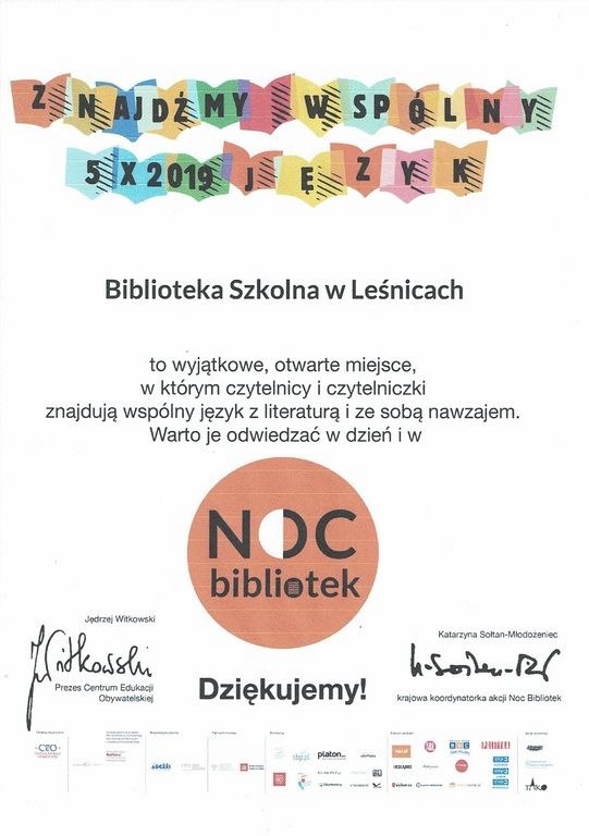 Grafika #0: Noc Bibliotek - dyplom dla Szkoły Podstawowej w Leśnicach