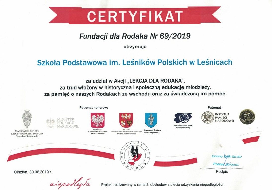 Grafika #0: Certyfikat za udział w akcji "Lekcja dla Rodaka"