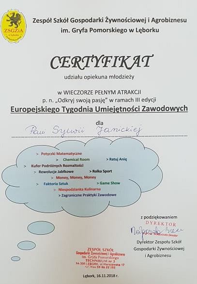 Grafika #0: Certyfikat ZSGŻiA "Odkryj swoją pasję"