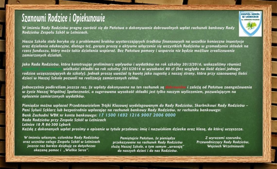 Grafika #0: RADA RODZICÓW - PROŚBA O WPŁATY.