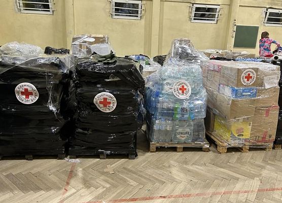Grafika 4: Wolontariusze pomagają segregować i pakować dary dla powodzian.
